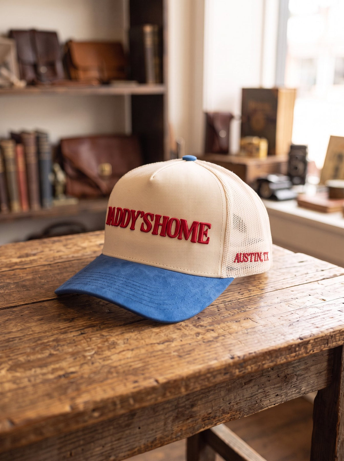 Daddy's Home red, white and blue trucker hat with Austin, TX side embroidery