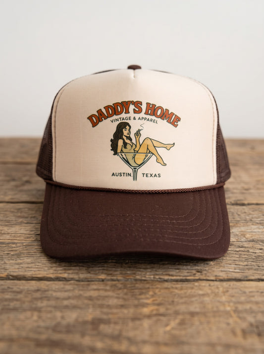 Brunette Martini Girl trucker hat — professional front view