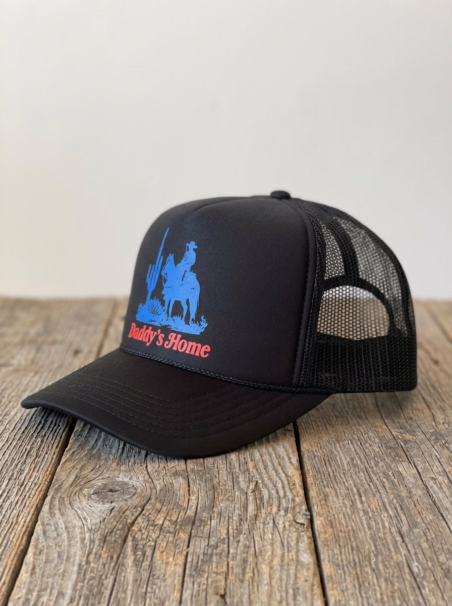 Daddy's Home Classic Cowboy Black Foam Trucker, side view showing mesh