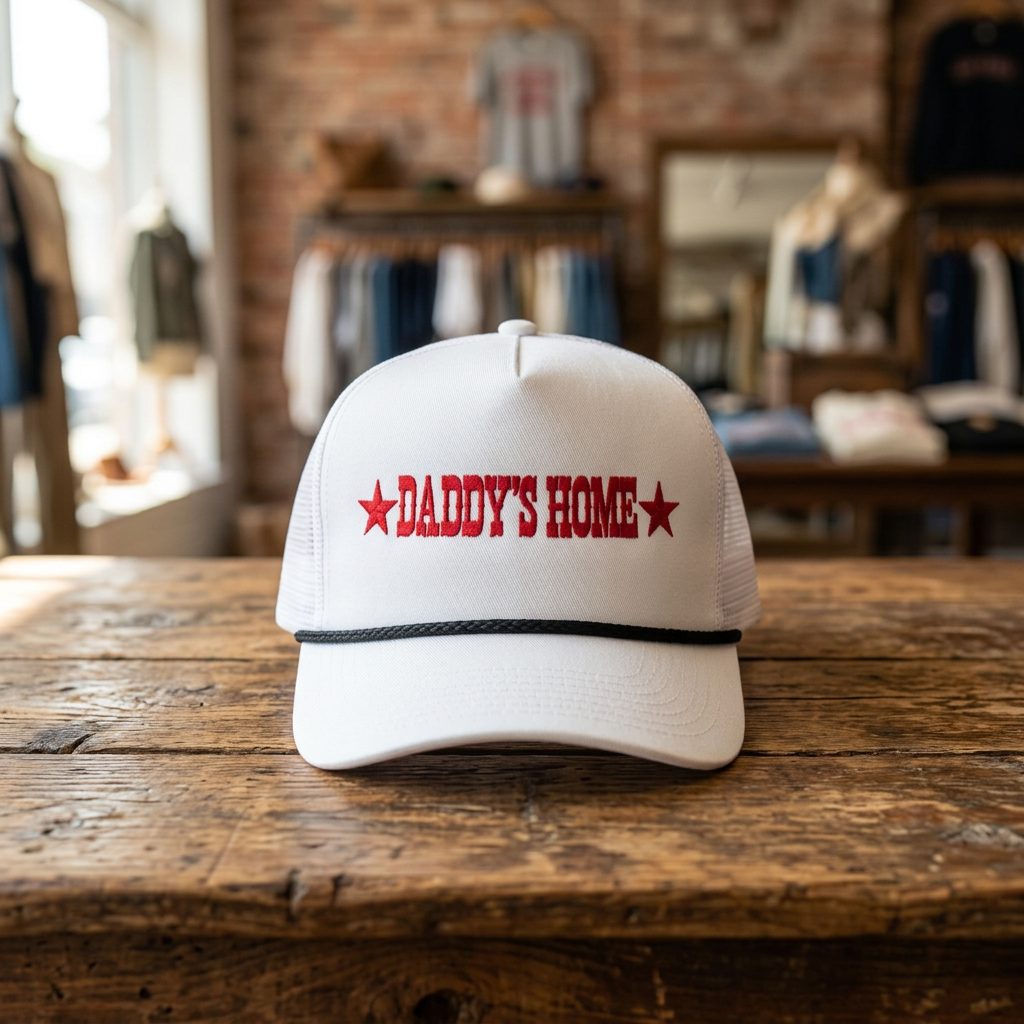 DADDY'S HOME Embroidered Star Logo White Trucker on a rustic wooden shop table