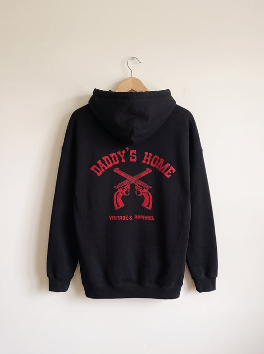 Daddy's Home Revolver Sweatshirt, back graphic view on a plain off-white wall
