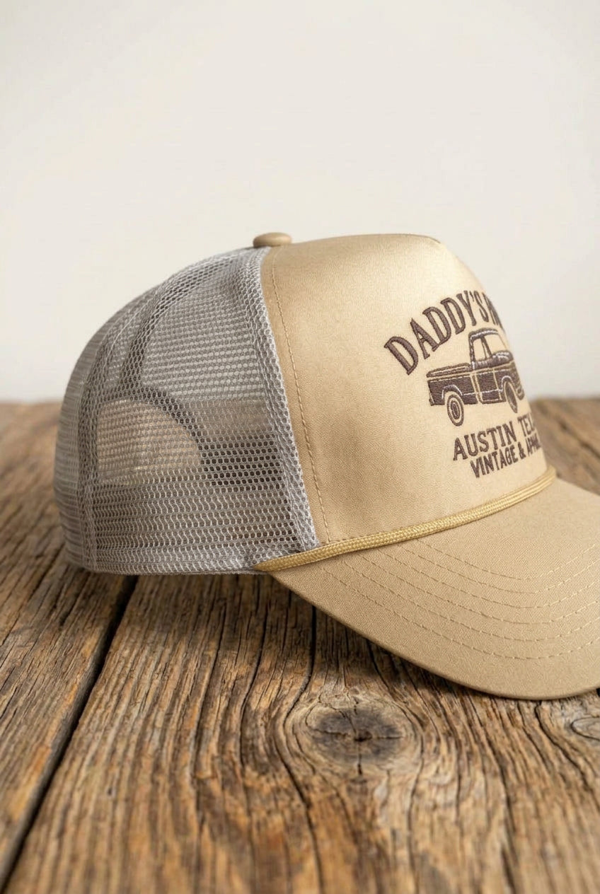DADDY'S HOME Embroidered Tan Trucker, side view showing mesh