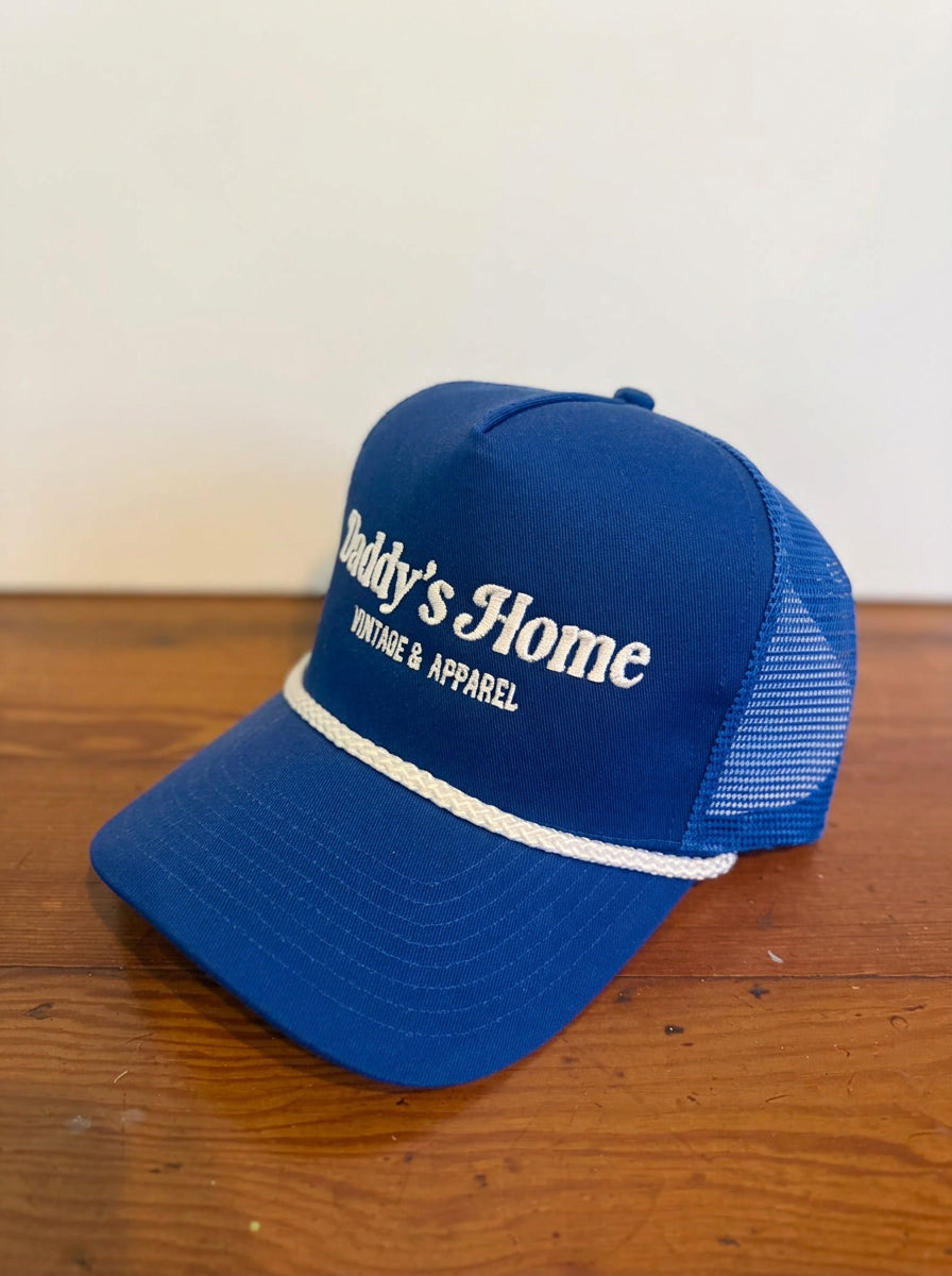 DADDY'S HOME Vintage & Apparel Logo Blue Trucker, angled view